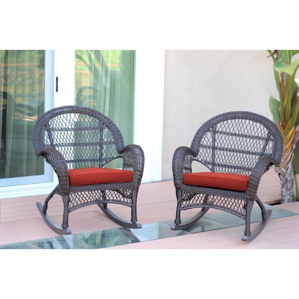 Jeco W00208-R-2-FS018-CS Espresso Wicker Rocker Chair with Red Cushion, 2PK W00208-R_2-FS018-CS - main